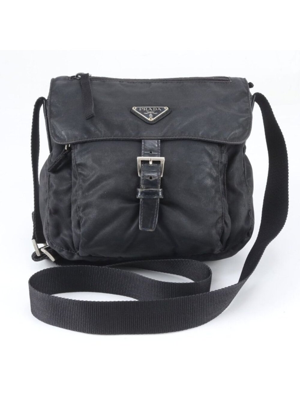 Prada Tessuto Nylon Triangle Logo Leather Shoulder Bag Crossbody Messenger Black